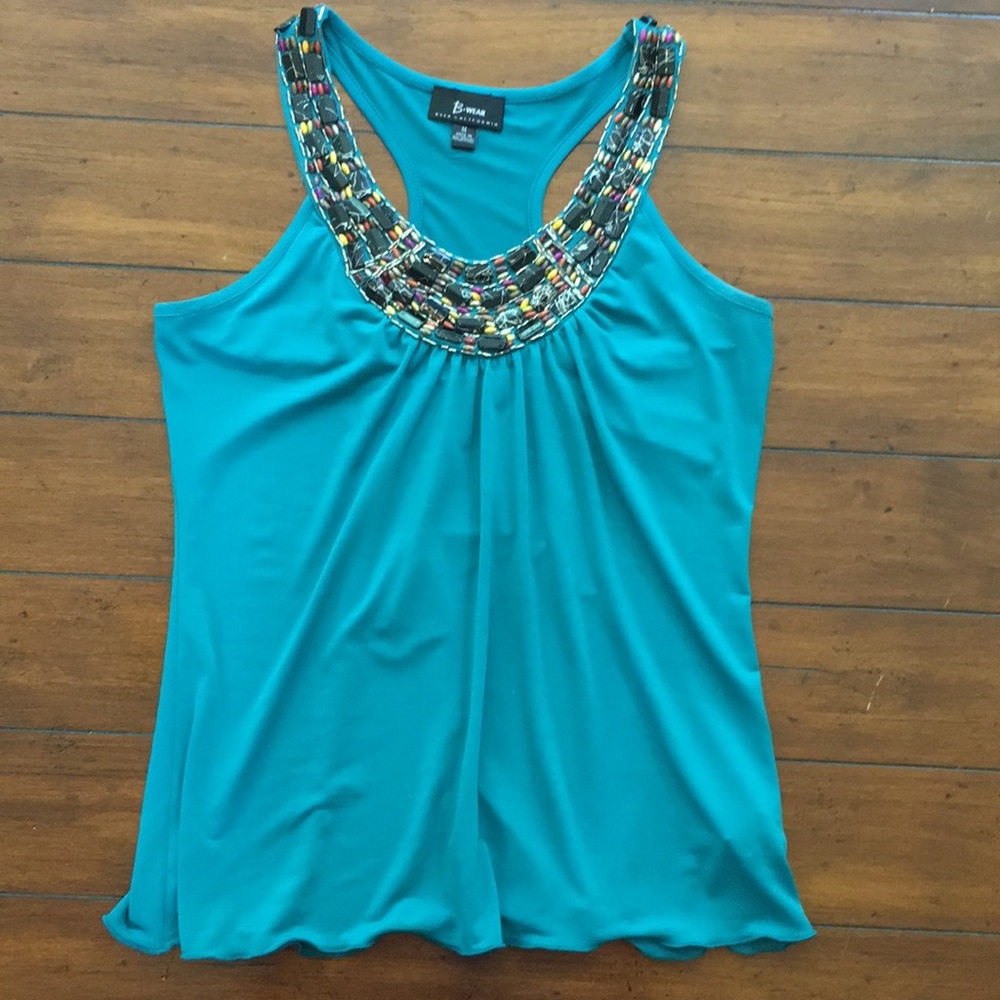 Teal racer back tank, beaded neckline & ruching